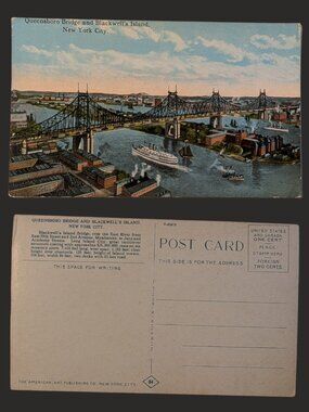 10/$25 Vintage Blank New York City Queensboro Bridge Blackwell's Island Postcard
